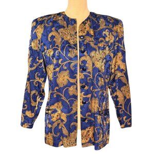 VTG 90s 80s SAKS Silks By St.Gillian 100% Silk Printed Jacket Sz.6 Blue Asian